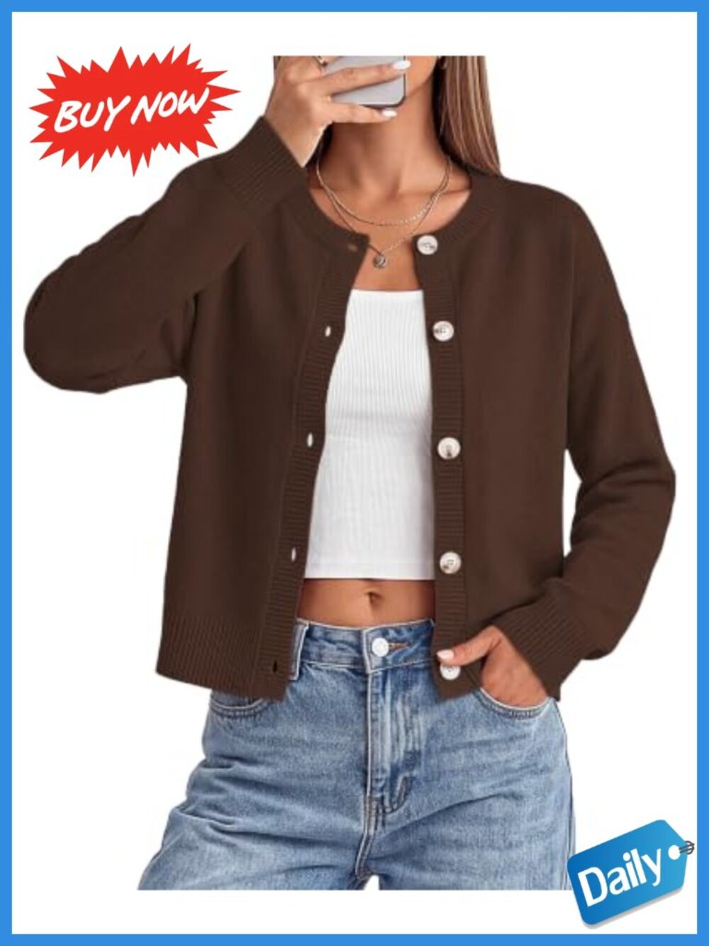 Womens Button Down Cropped Cardigan Acrylic Knit Sweater